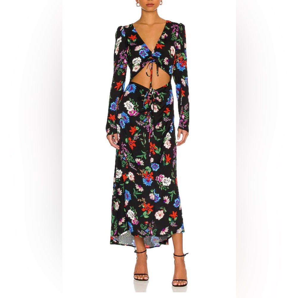 AFRM Women's Midori Cinched Floral Long Maxi Dress w/ Front Cut Out Tie Sz L